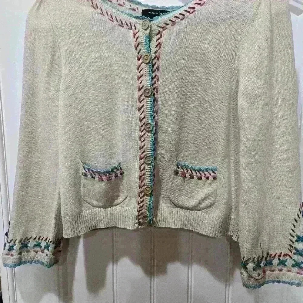 Nanette Lepore Womens Embroidered Embellished Cardigan Size L
